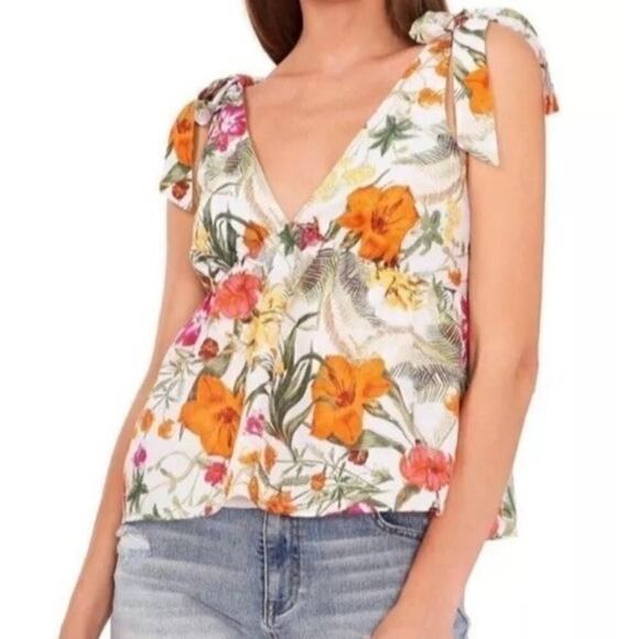 Chelsea & Violet Tropical Floral Linen Blend Babydoll Y2K Tie Straps Tank Top M - Picture 2 of 12